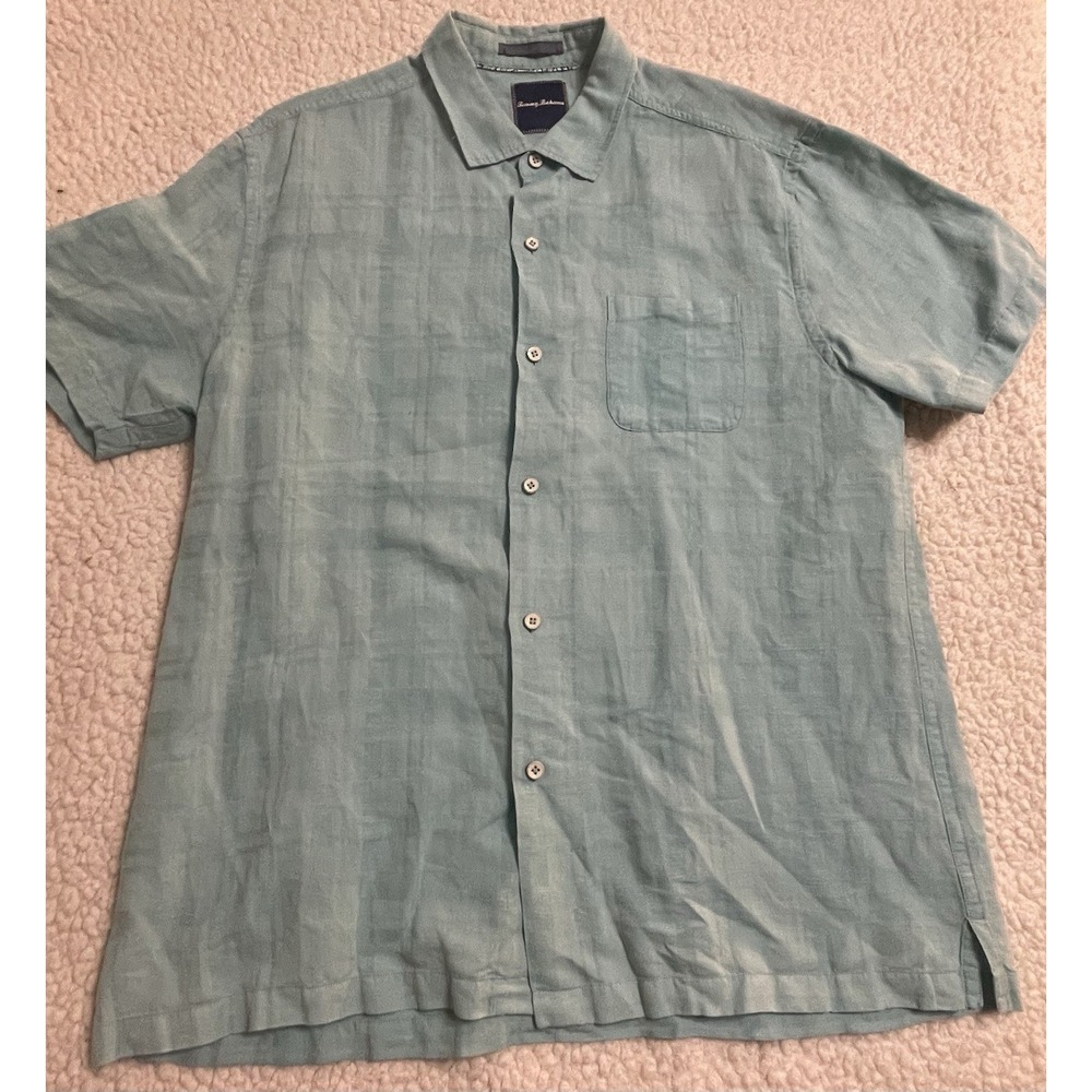 Tommy Bahama Mens XL Cotton/Linen Light Blue Short Sleeve Button Up Dress Shirt